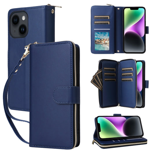 For iPhone 14 / 13 Nine-card Slots Zipper Wallet Bag Leather Phone Case(Blue) - iPhone 14 Cases by buy2fix | Online Shopping UK | buy2fix