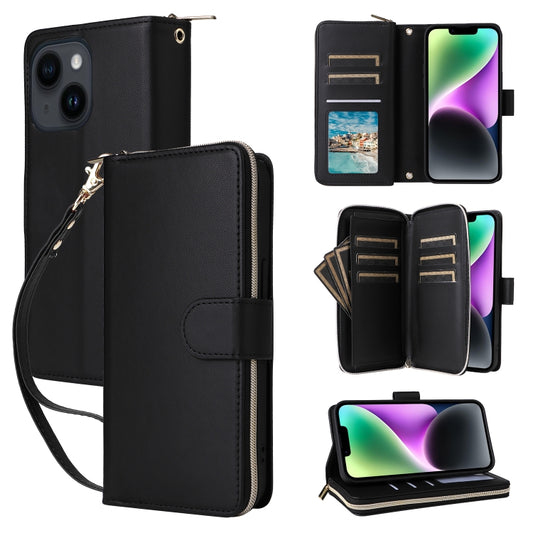 For iPhone 14 / 13 Nine-card Slots Zipper Wallet Bag Leather Phone Case(Black) - iPhone 14 Cases by buy2fix | Online Shopping UK | buy2fix