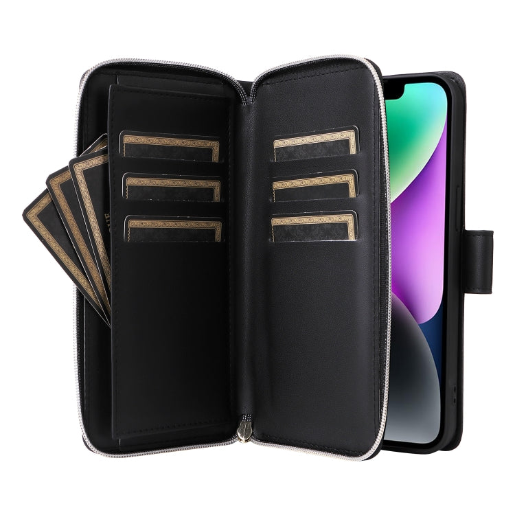 For iPhone 14 / 13 Nine-card Slots Zipper Wallet Bag Leather Phone Case(Black) - iPhone 14 Cases by buy2fix | Online Shopping UK | buy2fix
