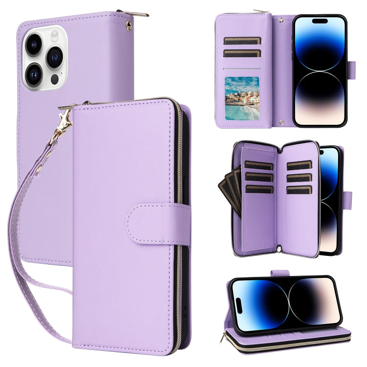 For iPhone 14 Pro Nine-card Slots Zipper Wallet Bag Leather Phone Case(Light Purple) - iPhone 14 Pro Cases by buy2fix | Online Shopping UK | buy2fix