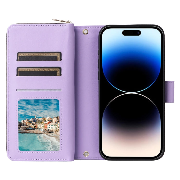 For iPhone 14 Pro Nine-card Slots Zipper Wallet Bag Leather Phone Case(Light Purple) - iPhone 14 Pro Cases by buy2fix | Online Shopping UK | buy2fix