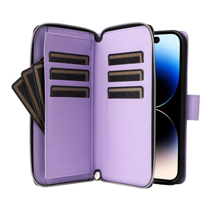 For iPhone 14 Pro Nine-card Slots Zipper Wallet Bag Leather Phone Case(Light Purple) - iPhone 14 Pro Cases by buy2fix | Online Shopping UK | buy2fix