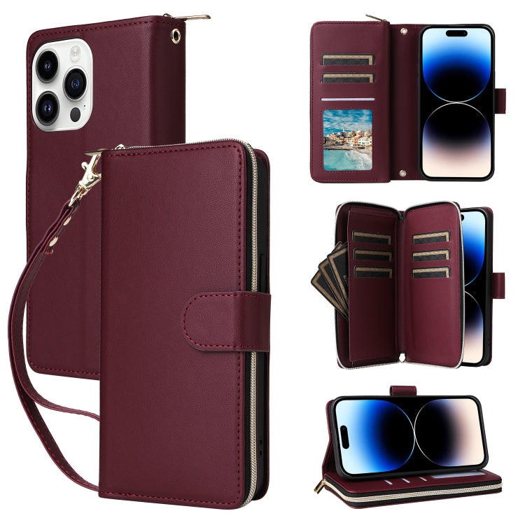 For iPhone 14 Pro Nine-card Slots Zipper Wallet Bag Leather Phone Case(Wine Red) - iPhone 14 Pro Cases by buy2fix | Online Shopping UK | buy2fix