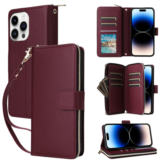 For iPhone 14 Pro Nine-card Slots Zipper Wallet Bag Leather Phone Case(Wine Red) - iPhone 14 Pro Cases by buy2fix | Online Shopping UK | buy2fix