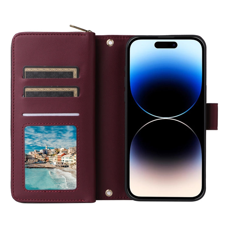 For iPhone 14 Pro Nine-card Slots Zipper Wallet Bag Leather Phone Case(Wine Red) - iPhone 14 Pro Cases by buy2fix | Online Shopping UK | buy2fix