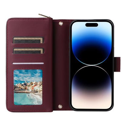 For iPhone 14 Pro Nine-card Slots Zipper Wallet Bag Leather Phone Case(Wine Red) - iPhone 14 Pro Cases by buy2fix | Online Shopping UK | buy2fix