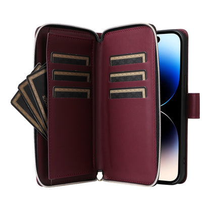 For iPhone 14 Pro Nine-card Slots Zipper Wallet Bag Leather Phone Case(Wine Red) - iPhone 14 Pro Cases by buy2fix | Online Shopping UK | buy2fix