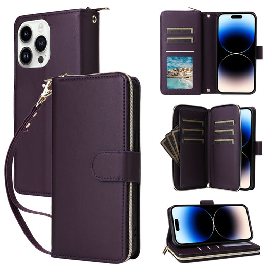 For iPhone 14 Pro Nine-card Slots Zipper Wallet Bag Leather Phone Case(Dark Purple) - iPhone 14 Pro Cases by buy2fix | Online Shopping UK | buy2fix