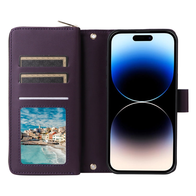 For iPhone 14 Pro Nine-card Slots Zipper Wallet Bag Leather Phone Case(Dark Purple) - iPhone 14 Pro Cases by buy2fix | Online Shopping UK | buy2fix