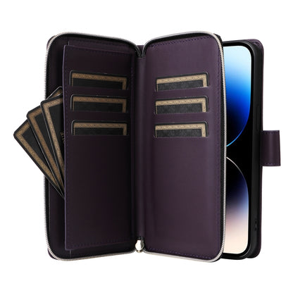 For iPhone 14 Pro Nine-card Slots Zipper Wallet Bag Leather Phone Case(Dark Purple) - iPhone 14 Pro Cases by buy2fix | Online Shopping UK | buy2fix