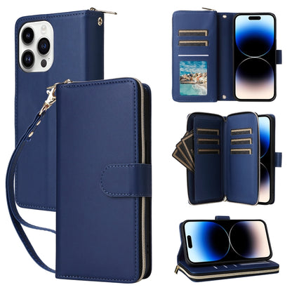 For iPhone 14 Pro Nine-card Slots Zipper Wallet Bag Leather Phone Case(Blue) - iPhone 14 Pro Cases by buy2fix | Online Shopping UK | buy2fix