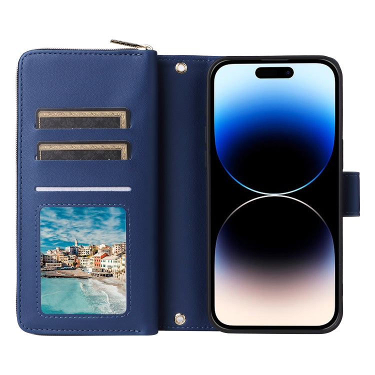 For iPhone 14 Pro Nine-card Slots Zipper Wallet Bag Leather Phone Case(Blue) - iPhone 14 Pro Cases by buy2fix | Online Shopping UK | buy2fix