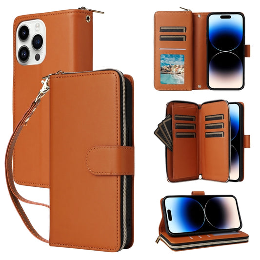 For iPhone 14 Pro Nine-card Slots Zipper Wallet Bag Leather Phone Case(Brown) - iPhone 14 Pro Cases by buy2fix | Online Shopping UK | buy2fix