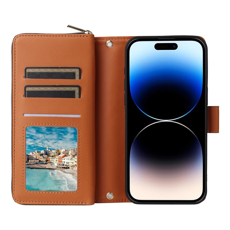 For iPhone 14 Pro Nine-card Slots Zipper Wallet Bag Leather Phone Case(Brown) - iPhone 14 Pro Cases by buy2fix | Online Shopping UK | buy2fix