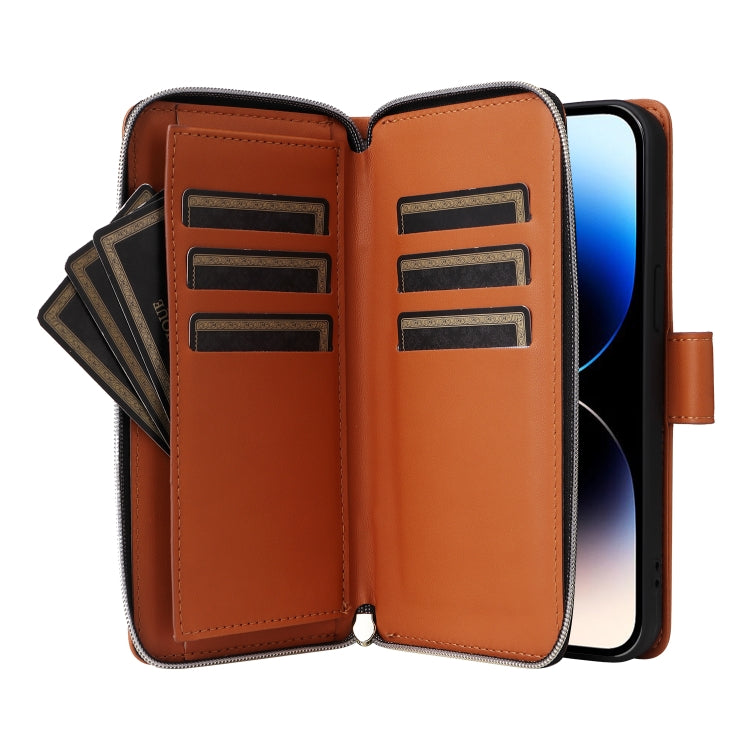 For iPhone 14 Pro Nine-card Slots Zipper Wallet Bag Leather Phone Case(Brown) - iPhone 14 Pro Cases by buy2fix | Online Shopping UK | buy2fix