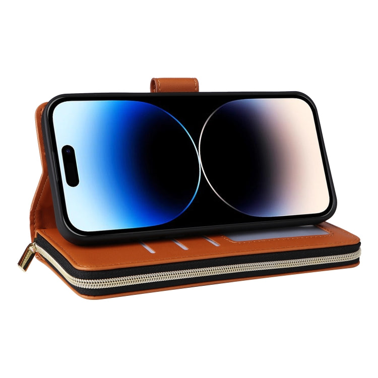 For iPhone 14 Pro Nine-card Slots Zipper Wallet Bag Leather Phone Case(Brown) - iPhone 14 Pro Cases by buy2fix | Online Shopping UK | buy2fix