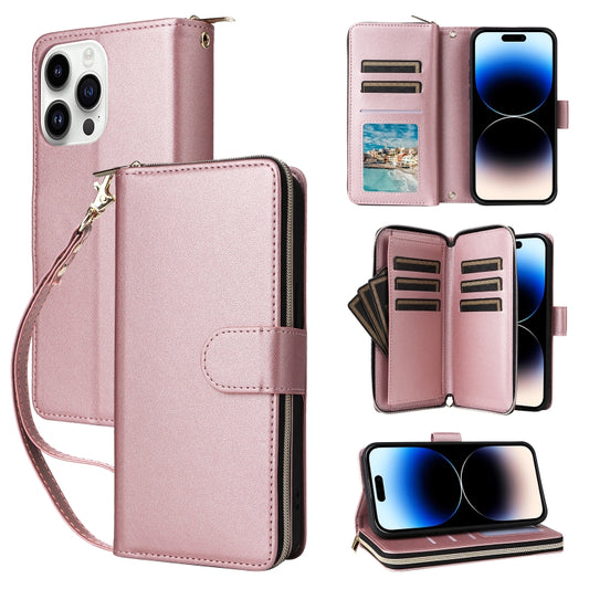 For iPhone 14 Pro Nine-card Slots Zipper Wallet Bag Leather Phone Case(Rose Gold) - iPhone 14 Pro Cases by buy2fix | Online Shopping UK | buy2fix