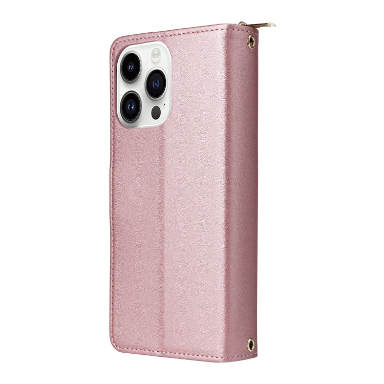 For iPhone 14 Pro Nine-card Slots Zipper Wallet Bag Leather Phone Case(Rose Gold) - iPhone 14 Pro Cases by buy2fix | Online Shopping UK | buy2fix