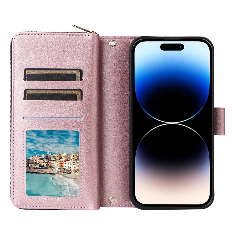 For iPhone 14 Pro Nine-card Slots Zipper Wallet Bag Leather Phone Case(Rose Gold) - iPhone 14 Pro Cases by buy2fix | Online Shopping UK | buy2fix