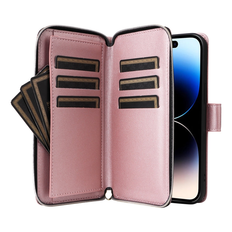 For iPhone 14 Pro Nine-card Slots Zipper Wallet Bag Leather Phone Case(Rose Gold) - iPhone 14 Pro Cases by buy2fix | Online Shopping UK | buy2fix