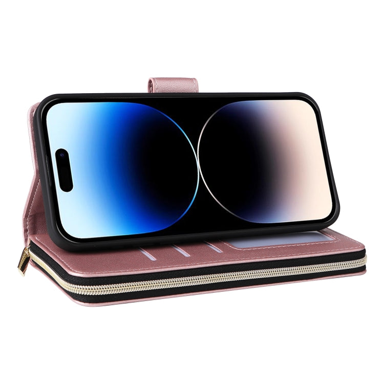 For iPhone 14 Pro Nine-card Slots Zipper Wallet Bag Leather Phone Case(Rose Gold) - iPhone 14 Pro Cases by buy2fix | Online Shopping UK | buy2fix