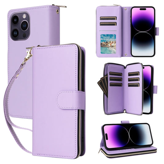 For iPhone 14 Pro Max Nine-card Slots Zipper Wallet Bag Leather Phone Case(Light Purple) - iPhone 14 Pro Max Cases by buy2fix | Online Shopping UK | buy2fix