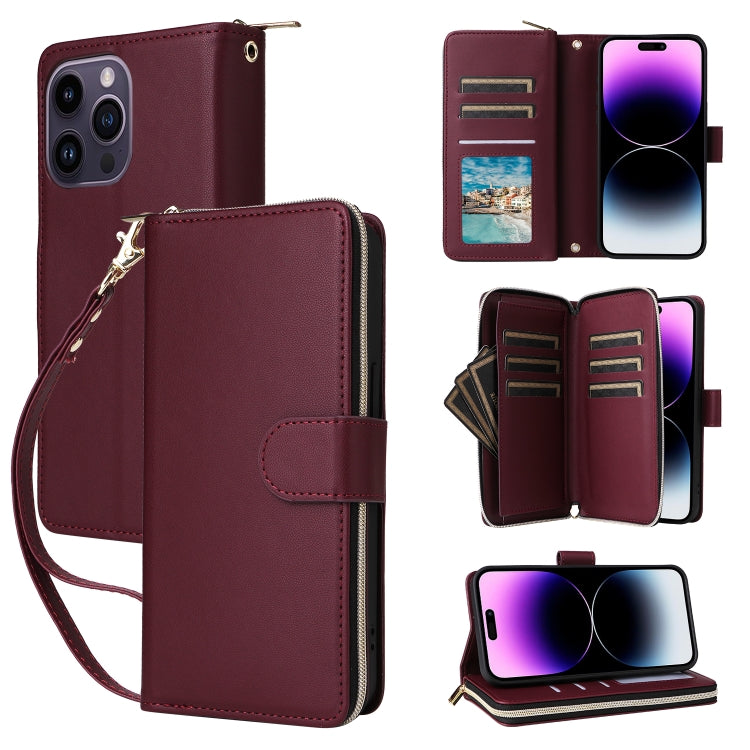 For iPhone 14 Pro Max Nine-card Slots Zipper Wallet Bag Leather Phone Case(Wine Red) - iPhone 14 Pro Max Cases by buy2fix | Online Shopping UK | buy2fix