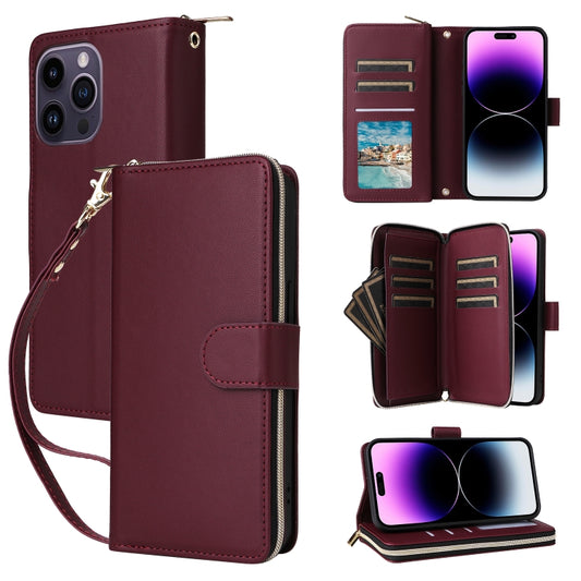 For iPhone 14 Pro Max Nine-card Slots Zipper Wallet Bag Leather Phone Case(Wine Red) - iPhone 14 Pro Max Cases by buy2fix | Online Shopping UK | buy2fix