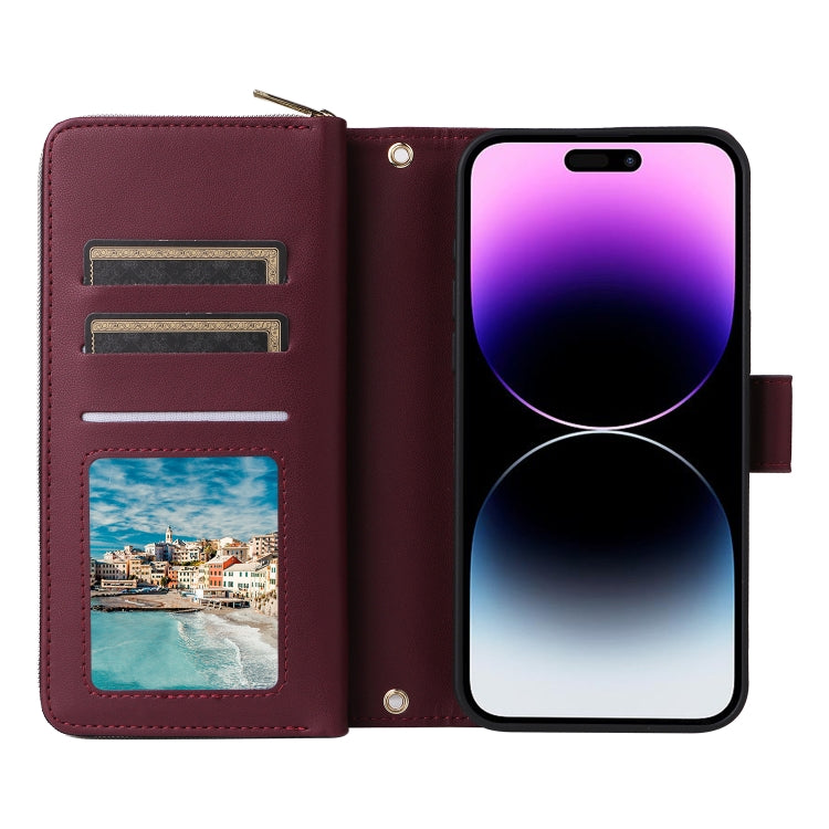 For iPhone 14 Pro Max Nine-card Slots Zipper Wallet Bag Leather Phone Case(Wine Red) - iPhone 14 Pro Max Cases by buy2fix | Online Shopping UK | buy2fix