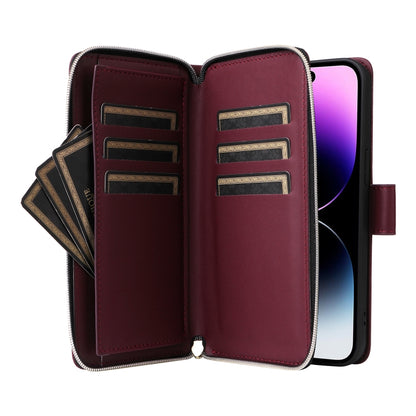 For iPhone 14 Pro Max Nine-card Slots Zipper Wallet Bag Leather Phone Case(Wine Red) - iPhone 14 Pro Max Cases by buy2fix | Online Shopping UK | buy2fix