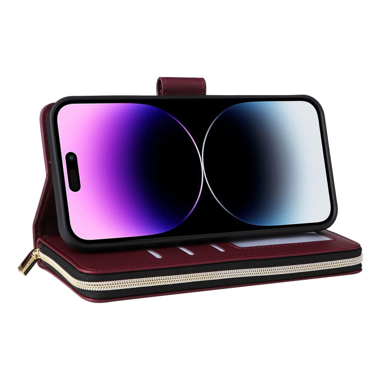 For iPhone 14 Pro Max Nine-card Slots Zipper Wallet Bag Leather Phone Case(Wine Red) - iPhone 14 Pro Max Cases by buy2fix | Online Shopping UK | buy2fix