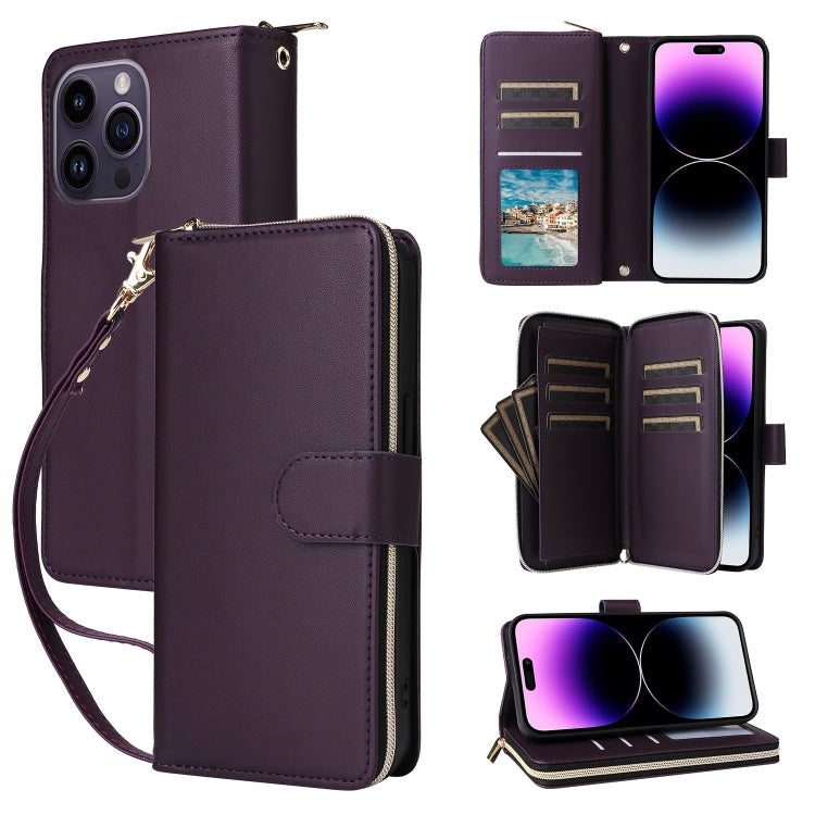 For iPhone 14 Pro Max Nine-card Slots Zipper Wallet Bag Leather Phone Case(Dark Purple) - iPhone 14 Pro Max Cases by buy2fix | Online Shopping UK | buy2fix