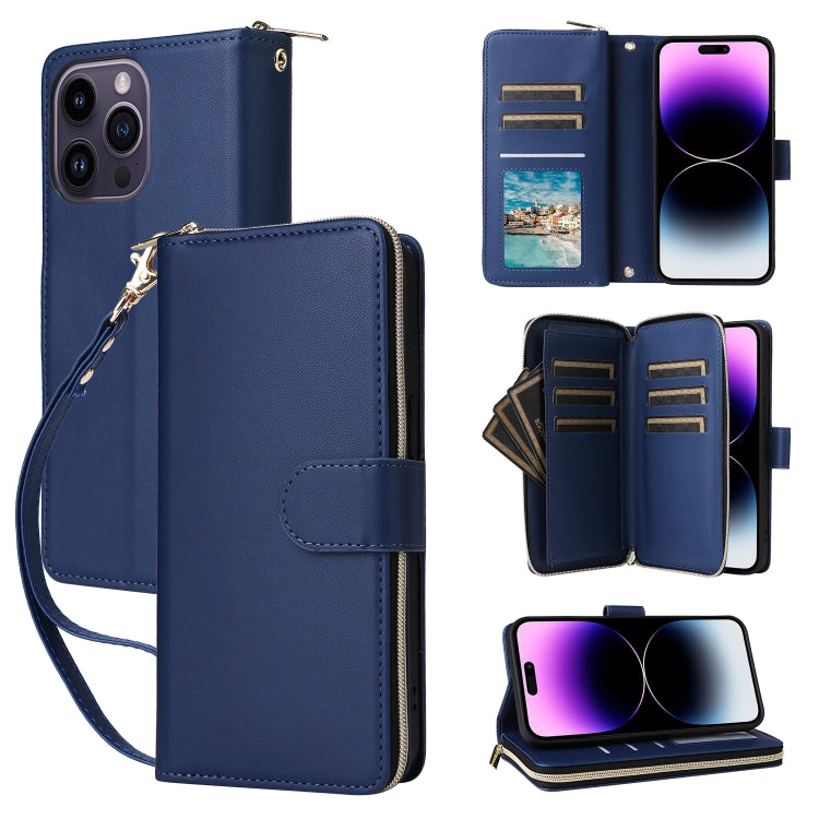 For iPhone 14 Pro Max Nine-card Slots Zipper Wallet Bag Leather Phone Case(Blue) - iPhone 14 Pro Max Cases by buy2fix | Online Shopping UK | buy2fix