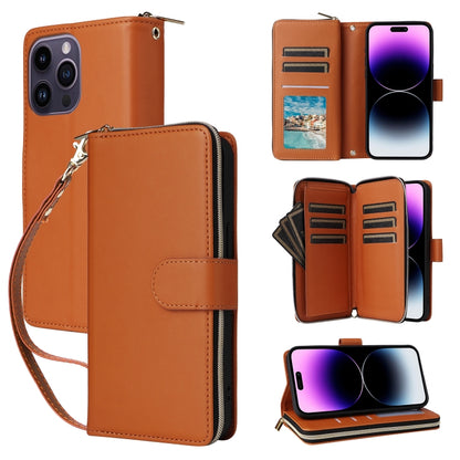 For iPhone 14 Pro Max Nine-card Slots Zipper Wallet Bag Leather Phone Case(Brown) - iPhone 14 Pro Max Cases by buy2fix | Online Shopping UK | buy2fix