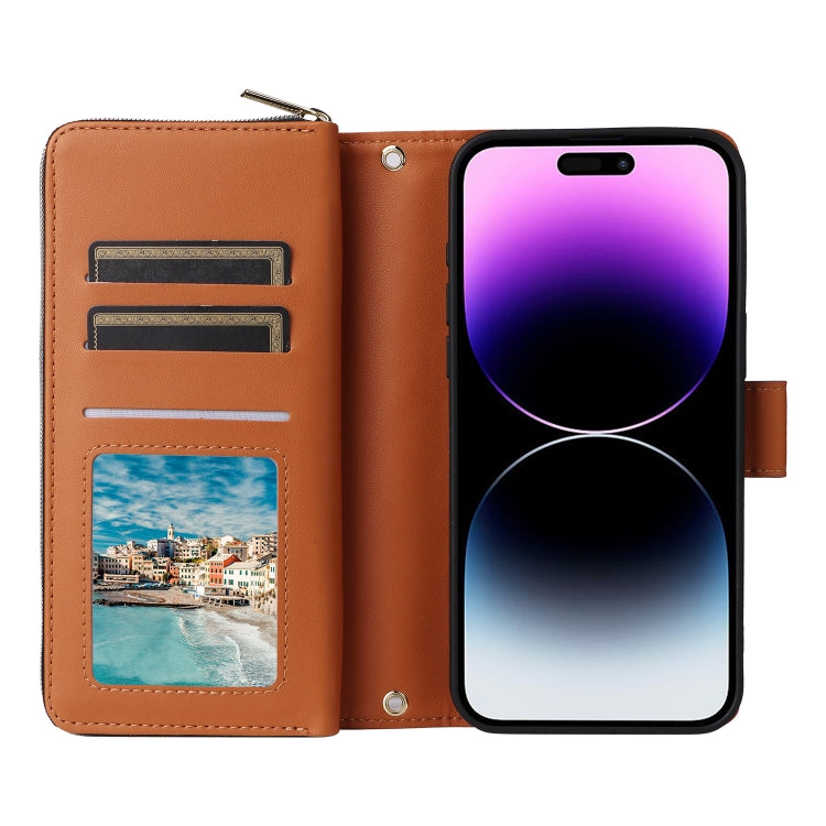 For iPhone 14 Pro Max Nine-card Slots Zipper Wallet Bag Leather Phone Case(Brown) - iPhone 14 Pro Max Cases by buy2fix | Online Shopping UK | buy2fix
