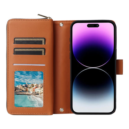 For iPhone 14 Pro Max Nine-card Slots Zipper Wallet Bag Leather Phone Case(Brown) - iPhone 14 Pro Max Cases by buy2fix | Online Shopping UK | buy2fix