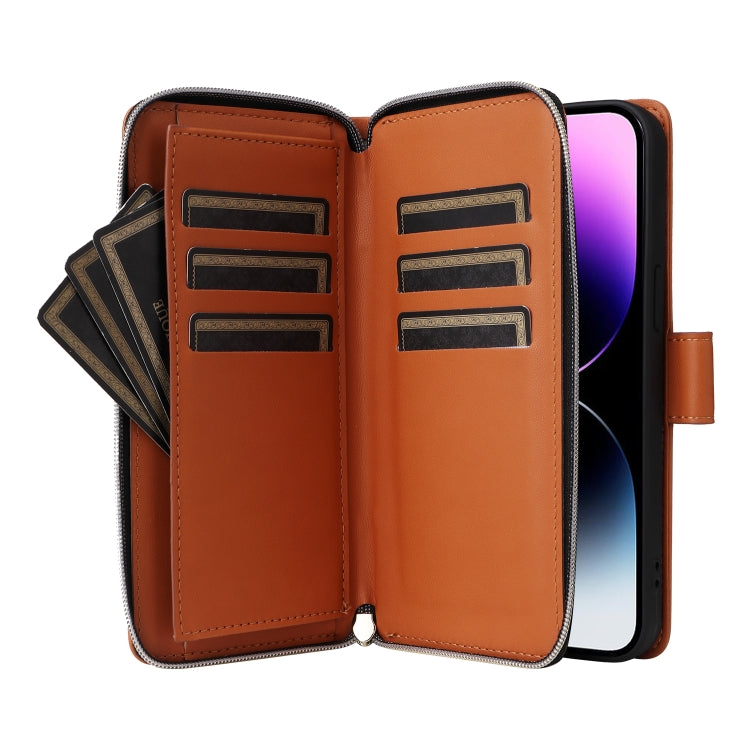 For iPhone 14 Pro Max Nine-card Slots Zipper Wallet Bag Leather Phone Case(Brown) - iPhone 14 Pro Max Cases by buy2fix | Online Shopping UK | buy2fix
