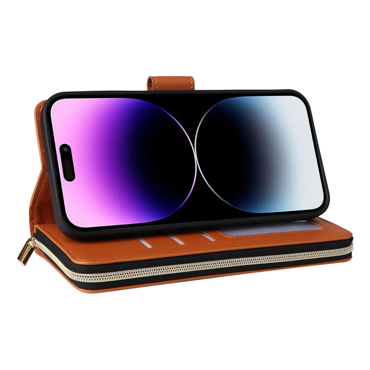 For iPhone 14 Pro Max Nine-card Slots Zipper Wallet Bag Leather Phone Case(Brown) - iPhone 14 Pro Max Cases by buy2fix | Online Shopping UK | buy2fix