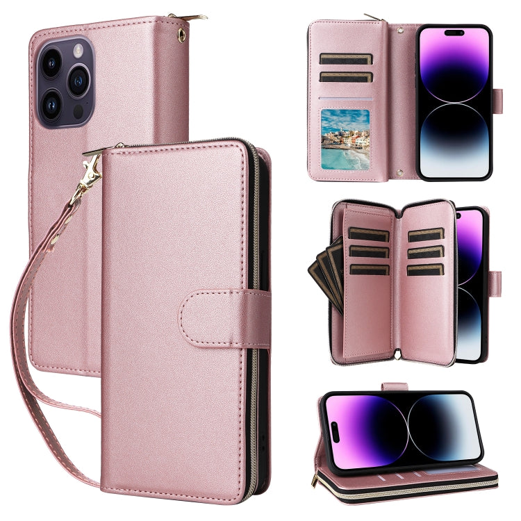 For iPhone 14 Pro Max Nine-card Slots Zipper Wallet Bag Leather Phone Case(Rose Gold) - iPhone 14 Pro Max Cases by buy2fix | Online Shopping UK | buy2fix