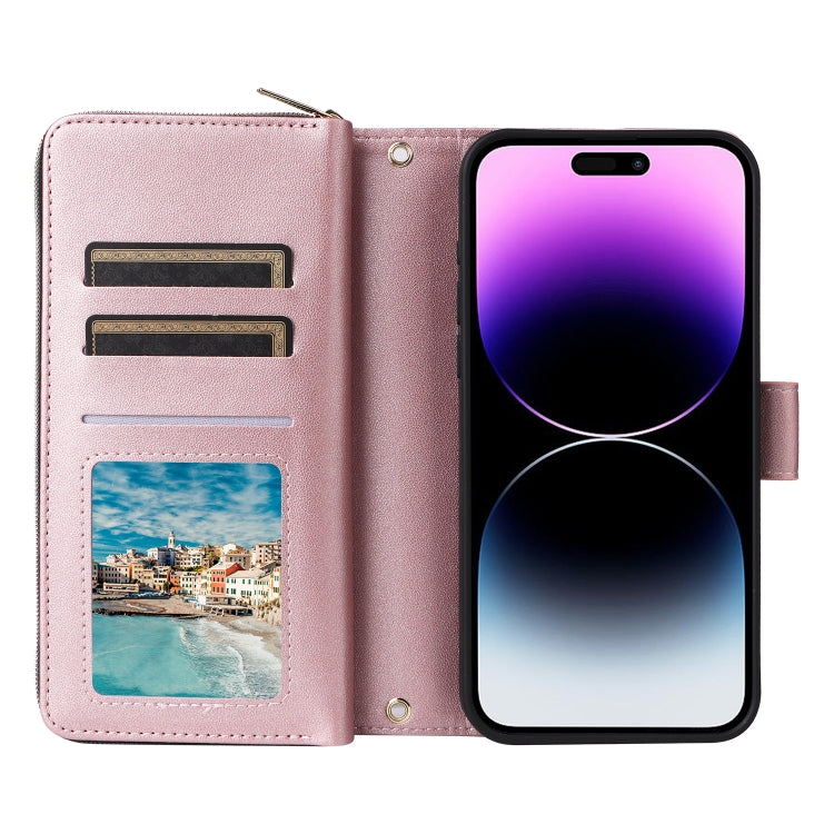 For iPhone 14 Pro Max Nine-card Slots Zipper Wallet Bag Leather Phone Case(Rose Gold) - iPhone 14 Pro Max Cases by buy2fix | Online Shopping UK | buy2fix