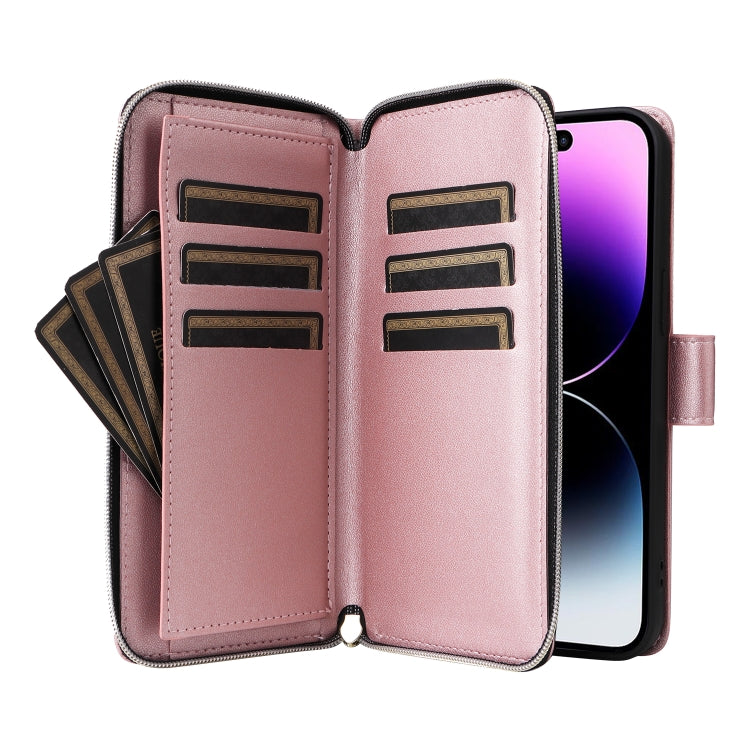 For iPhone 14 Pro Max Nine-card Slots Zipper Wallet Bag Leather Phone Case(Rose Gold) - iPhone 14 Pro Max Cases by buy2fix | Online Shopping UK | buy2fix
