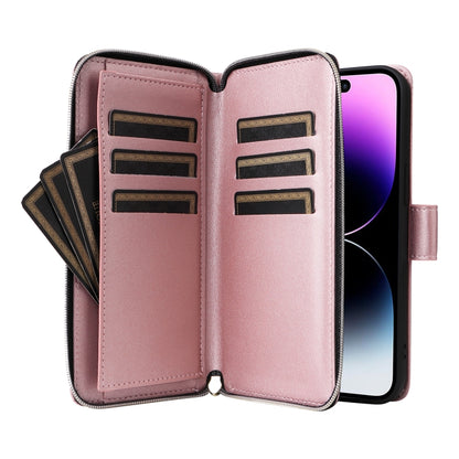 For iPhone 14 Pro Max Nine-card Slots Zipper Wallet Bag Leather Phone Case(Rose Gold) - iPhone 14 Pro Max Cases by buy2fix | Online Shopping UK | buy2fix