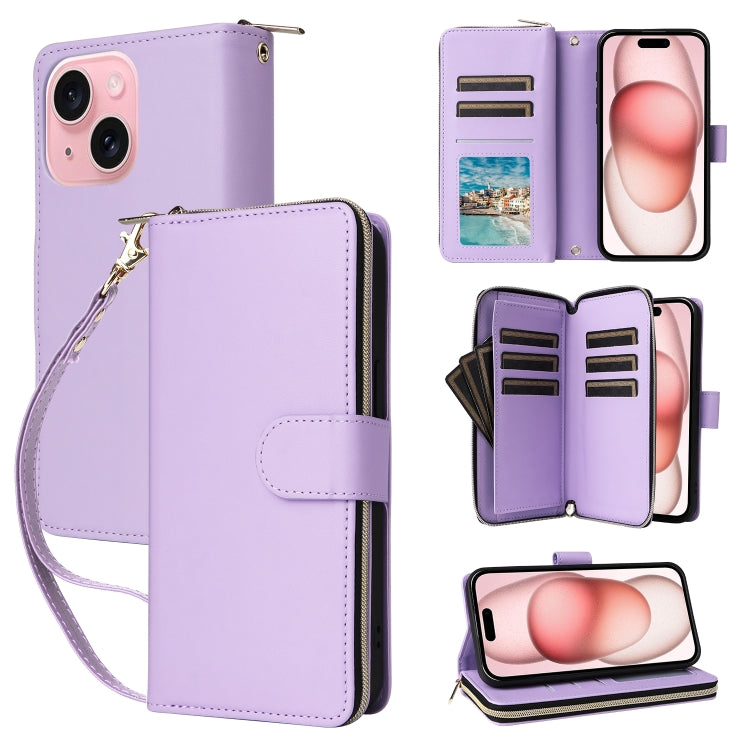 For iPhone 15 Nine-card Slots Zipper Wallet Bag Leather Phone Case(Light Purple) - iPhone 15 Cases by buy2fix | Online Shopping UK | buy2fix