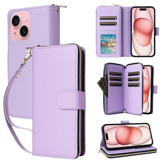 For iPhone 15 Nine-card Slots Zipper Wallet Bag Leather Phone Case(Light Purple) - iPhone 15 Cases by buy2fix | Online Shopping UK | buy2fix