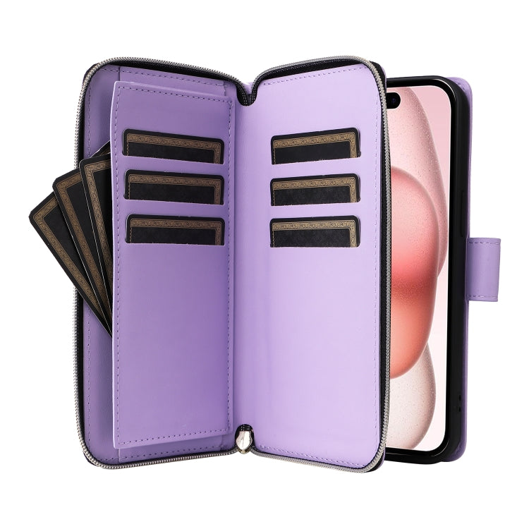 For iPhone 15 Nine-card Slots Zipper Wallet Bag Leather Phone Case(Light Purple) - iPhone 15 Cases by buy2fix | Online Shopping UK | buy2fix