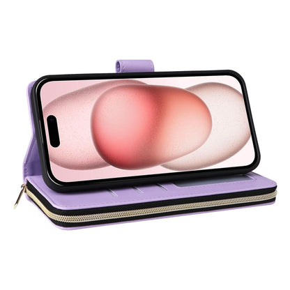 For iPhone 15 Nine-card Slots Zipper Wallet Bag Leather Phone Case(Light Purple) - iPhone 15 Cases by buy2fix | Online Shopping UK | buy2fix