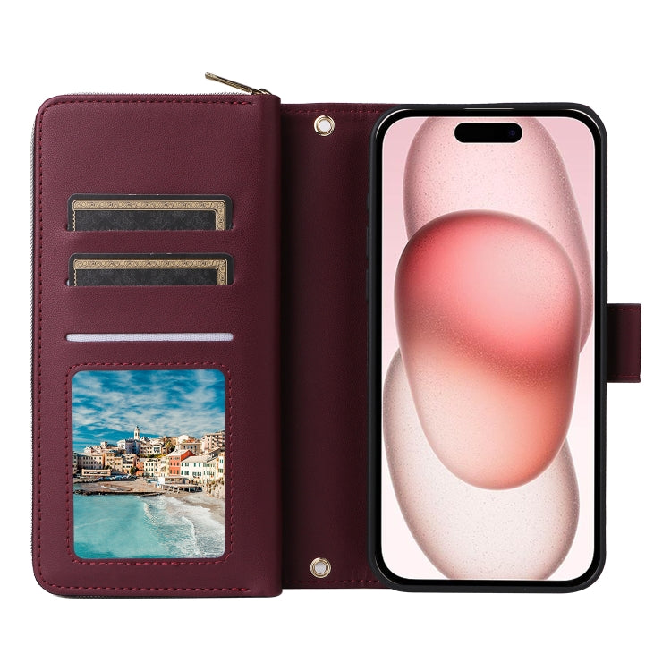 For iPhone 15 Nine-card Slots Zipper Wallet Bag Leather Phone Case(Wine Red) - iPhone 15 Cases by buy2fix | Online Shopping UK | buy2fix