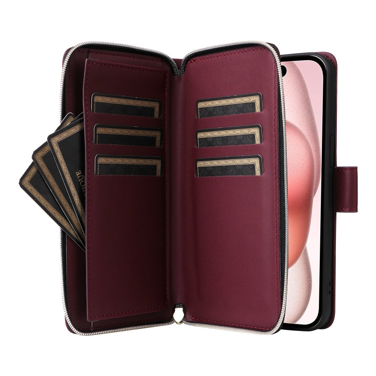 For iPhone 15 Nine-card Slots Zipper Wallet Bag Leather Phone Case(Wine Red) - iPhone 15 Cases by buy2fix | Online Shopping UK | buy2fix
