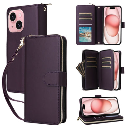 For iPhone 15 Nine-card Slots Zipper Wallet Bag Leather Phone Case(Dark Purple) - iPhone 15 Cases by buy2fix | Online Shopping UK | buy2fix