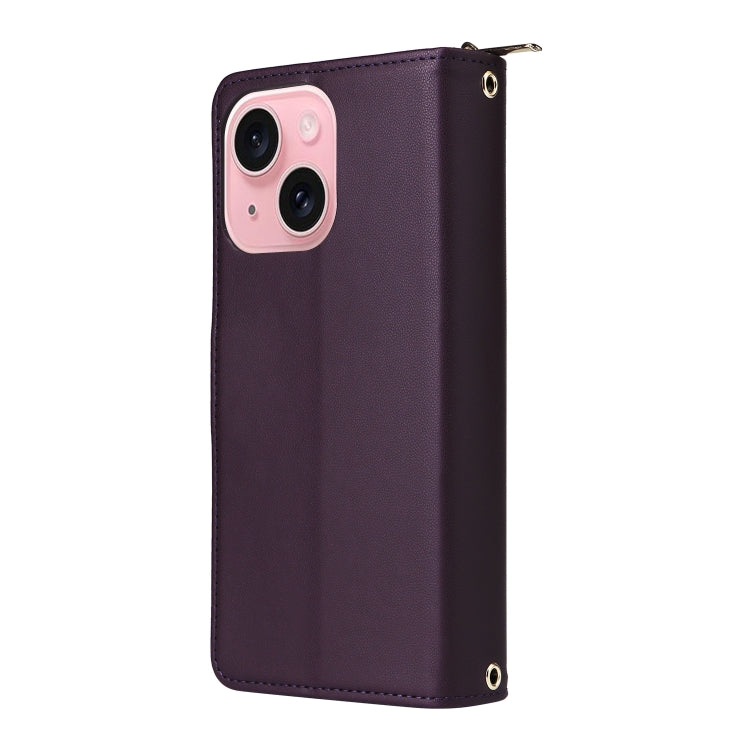 For iPhone 15 Nine-card Slots Zipper Wallet Bag Leather Phone Case(Dark Purple) - iPhone 15 Cases by buy2fix | Online Shopping UK | buy2fix